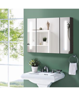 LED Lighted Medicine Cabinet with Mirror, 35.5"W x 25.5"H Wall Mounted Bathroom Cabinet with 3 Cupboards, Memory Function, USB Charge, High Gloss Black