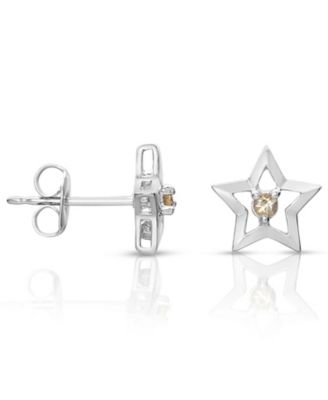 Sterling Silver White Gold Plated with Yellow Tourmaline CZ Star Shaped Stud Earrings