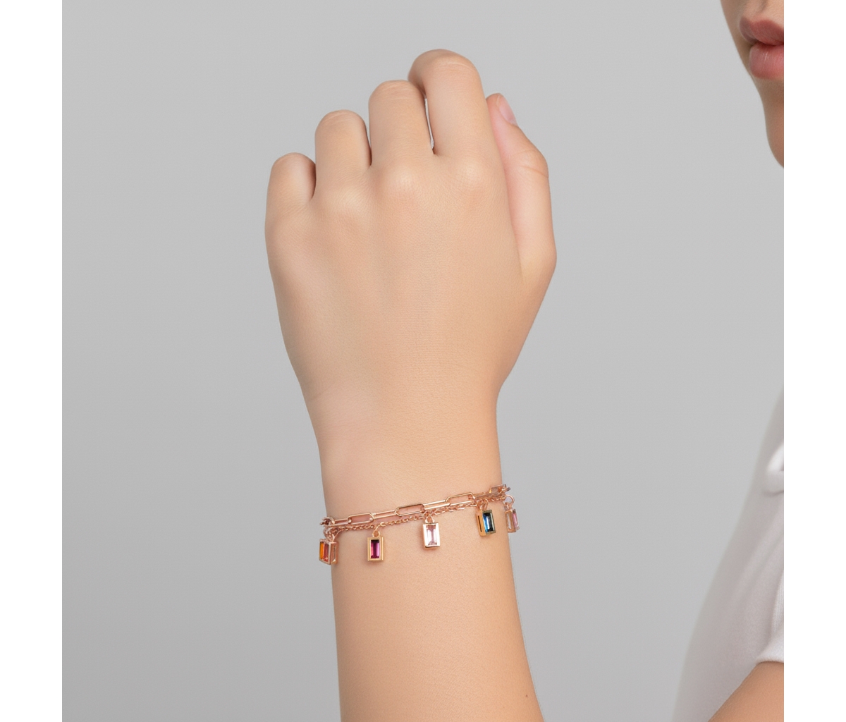 GiGiGirl 14k Gold Plated with Rainbow Multi-Color Cubic Zirconia Adjustable Birthstone Charm Bracelet