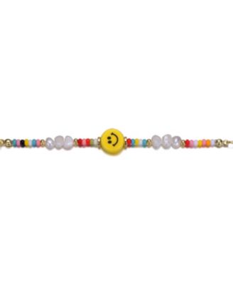 14k Yellow Gold Plated Multi Color Beads Bracelet with Freshwater Pearls and a Smiley Charm for Kids