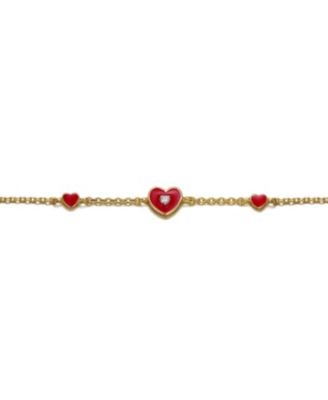 14k Yellow Gold Plated Adjustable Bracelet with Heart charms and Red Enamel for Kids