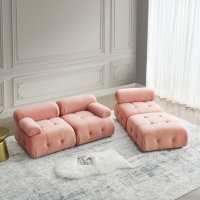 Velvet Modular L-Shaped Sofa with Reversible Ottoman