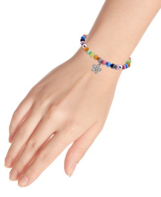 Cubic Zirconia & Multicolor Catseye Flower Dangle Stretch Bracelet in Sterling Silver, Created for Macy's