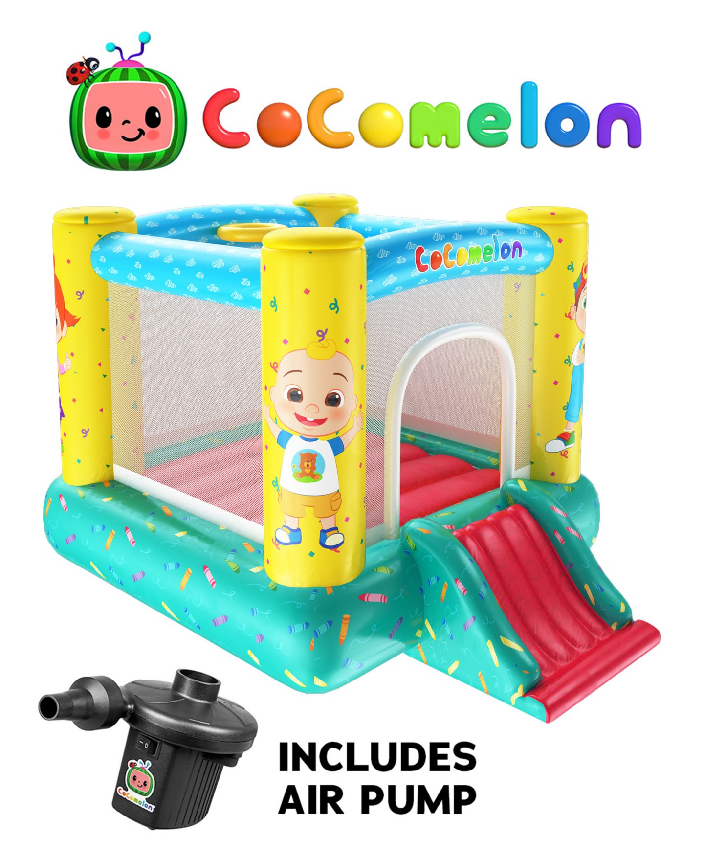 Детская игрушка World Tech Toys Cocomelon Jump N' Slide Inflatable Bouncer, 78.75"L x 100"W x 63"H, Accommodates Up to 3 Kids, Ages 3+ — фото 1