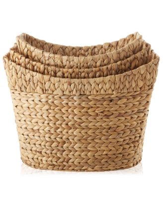 Set of 3 Oval Baskets with Handles - Natural, Water Hyacinth Woven Storage Totes for Blankets, Laundry, Bathroom, Bedroom, Living Room