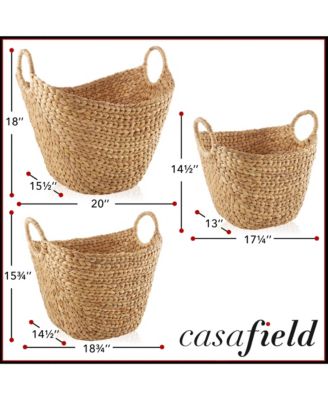 Set of 3 Boat Baskets with Handles - Natural, Woven Water Hyacinth Storage Organizers for Blankets, Laundry, Bathroom, Bedroom, Living Room