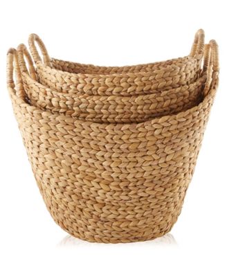 Set of 3 Boat Baskets with Handles - Natural, Woven Water Hyacinth Storage Organizers for Blankets, Laundry, Bathroom, Bedroom, Living Room