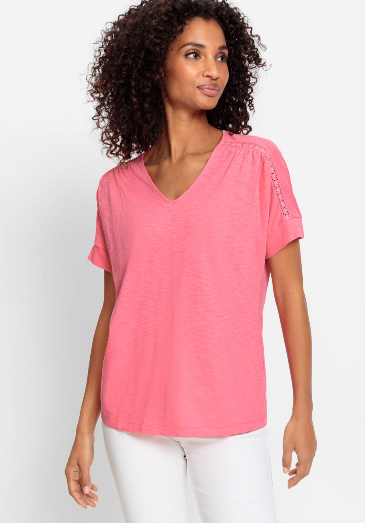 Women's 100% Cotton Short Sleeve Solid Tee with Embroidered Trim - Beach rose
