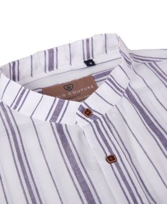Men's Linen Stripped Banded Collar Button Up