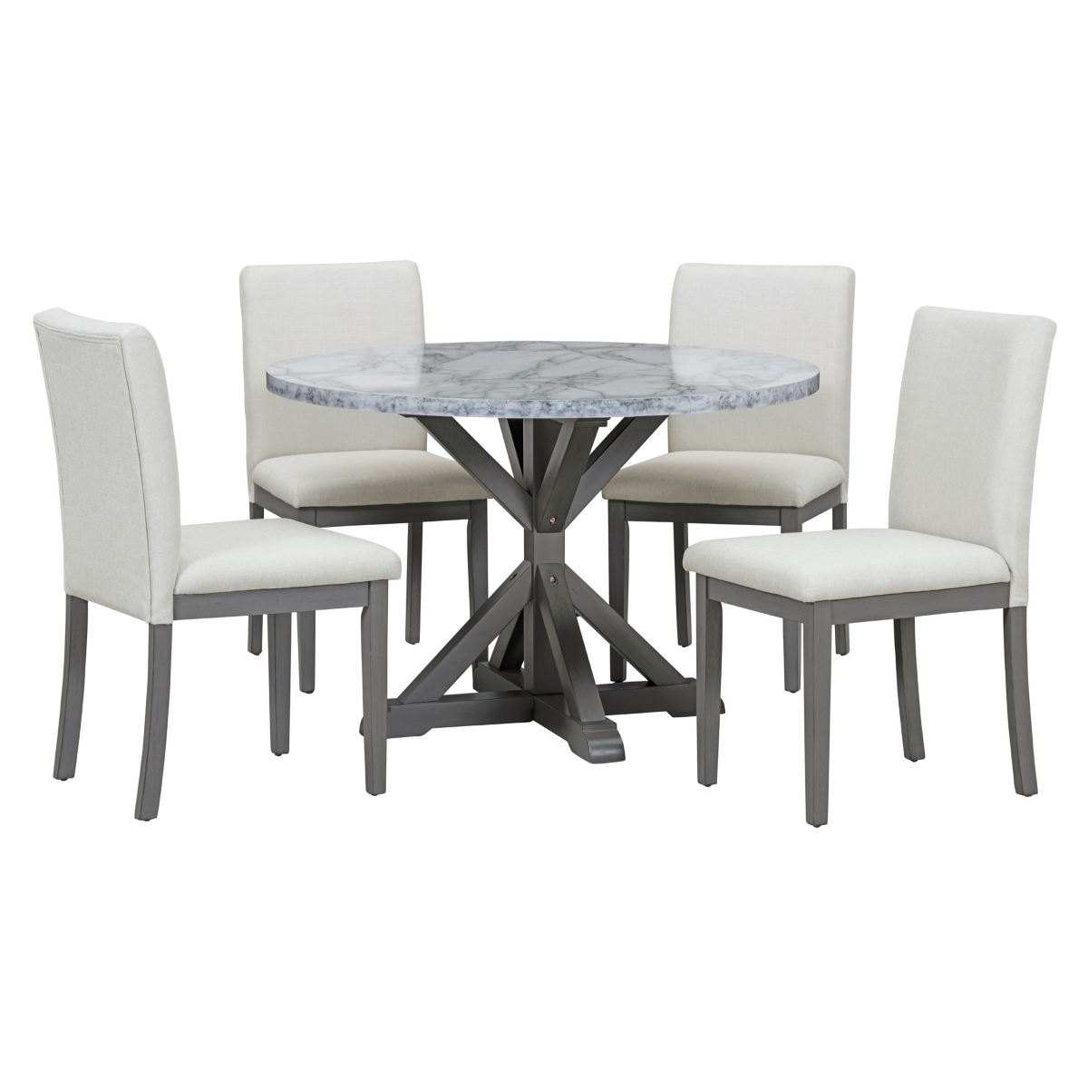 Streamdale Furniture 5-Piece Farmhouse Style Dining Table Set, Marble Sticker and Cross Bracket Pedestal Dining Table, and 4 Upholstered Chairs (White