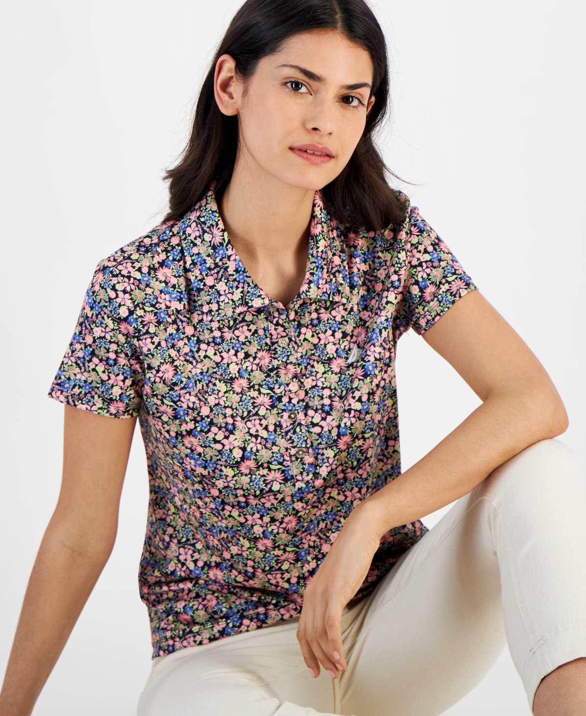 Nautica Jeans Women's Ditsy Floral-Print Polo Shirt