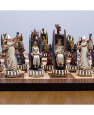 Handpainted Dragon Chess Set, Walnut Root Board 21 in, 4.5 in King