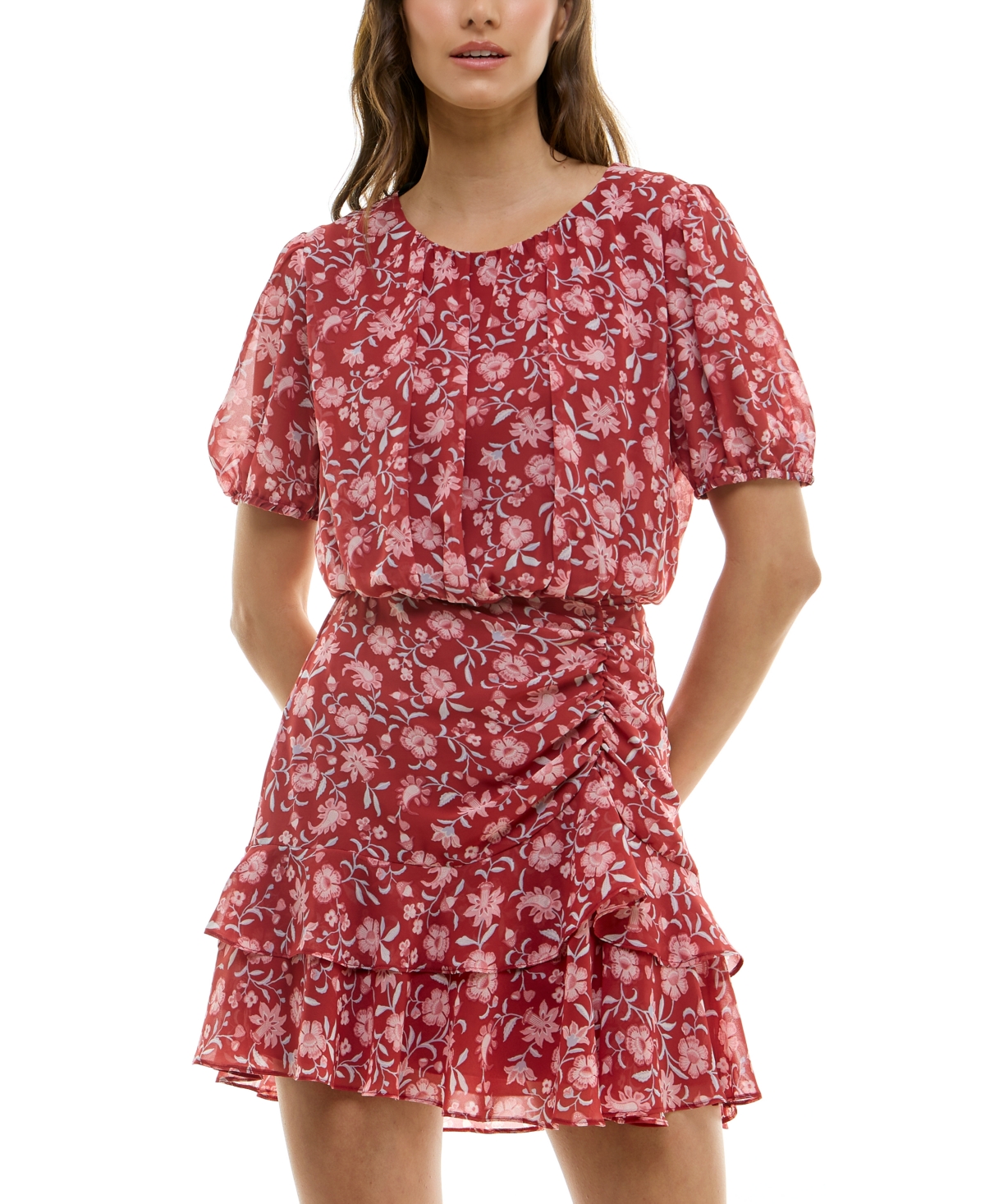 Juniors' Ruched Tiered Floral-Print Dress - Burgundy Floral