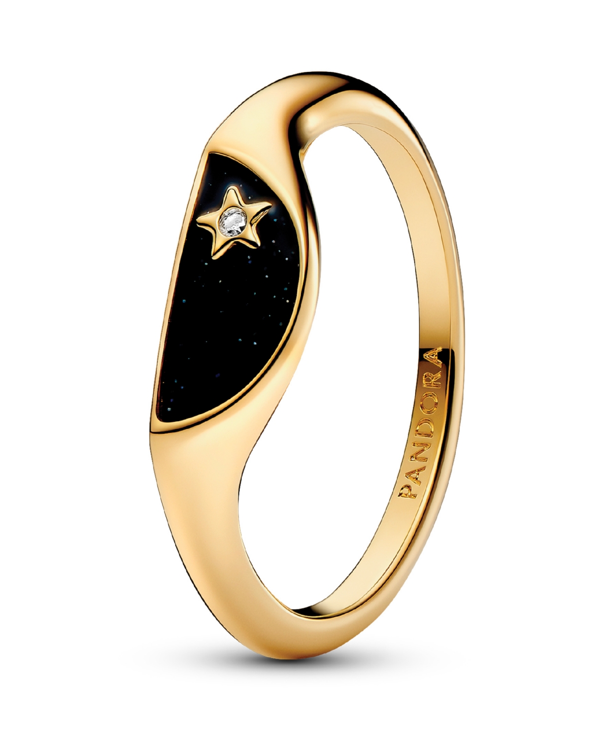 Halved Enamel Signet with Clear Cubic Zirconia Stones Ring - Gold