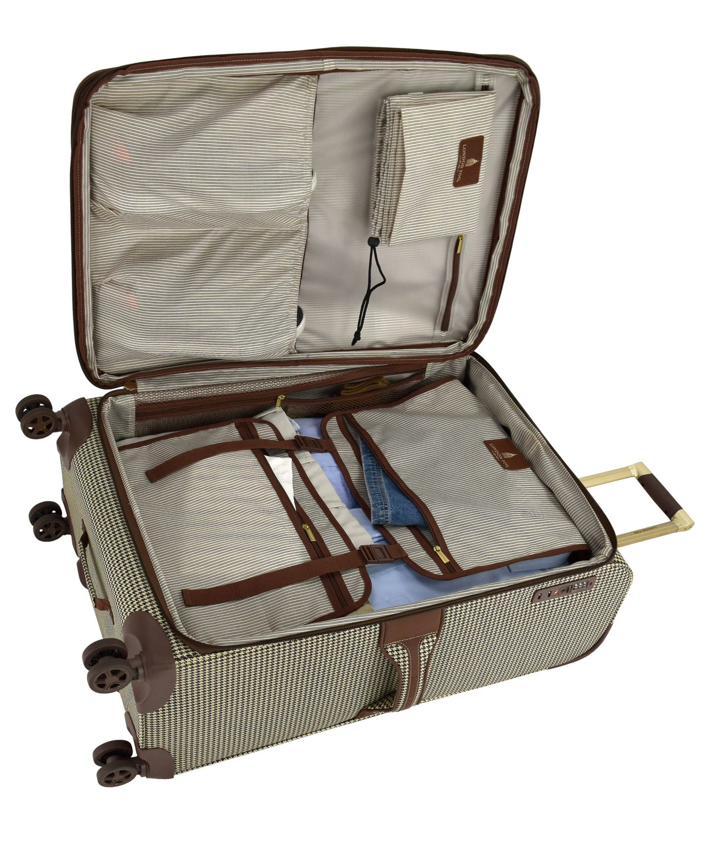 Чемодан London Fog Cambridge Medium Check-in Expandable Spinner, цвет: Чёрный белая гусиная лапка — фото 14