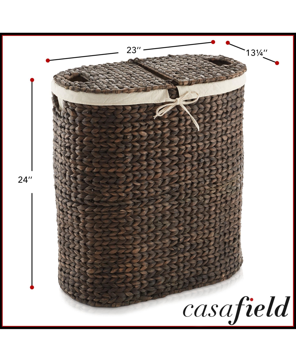 Casafield Oval Laundry Hamper with Lids and Removable Liner Bags - Natural, Woven Water Hyacinth 2-Section Laundry Basket for Clothes and Towels - Esp