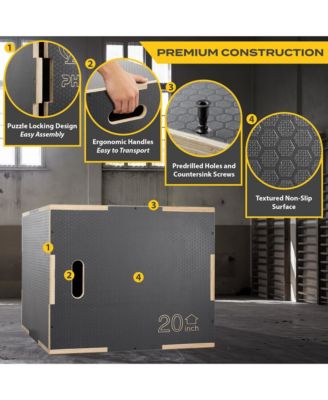 3 in 1 Non-Slip Wood Plyo Box, 20" x 18" x 16", Gray, Jump Plyometric Box for Training and Conditioning