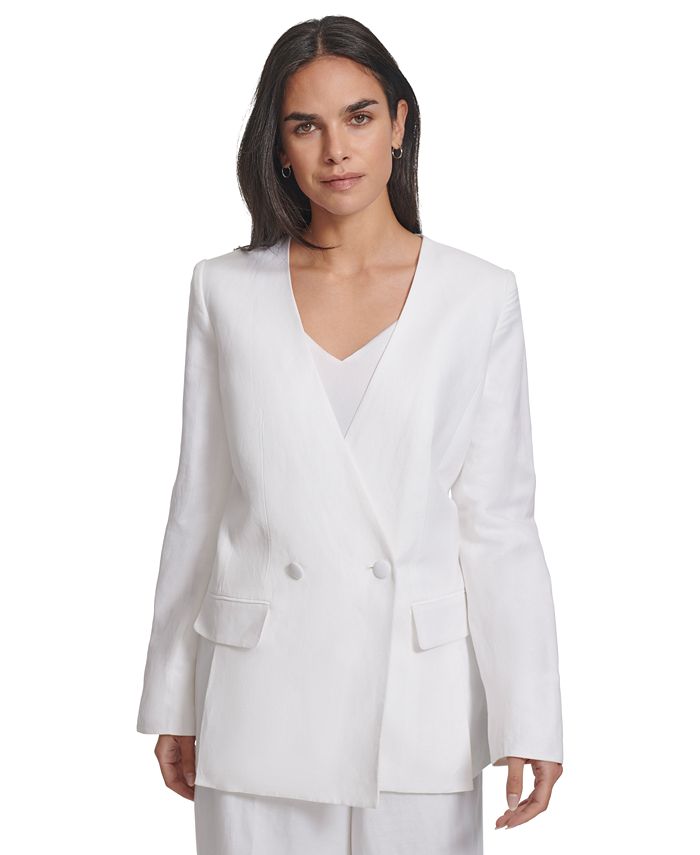 Double-Breasted Collarless Jacket in Linen-Blend main image 0
