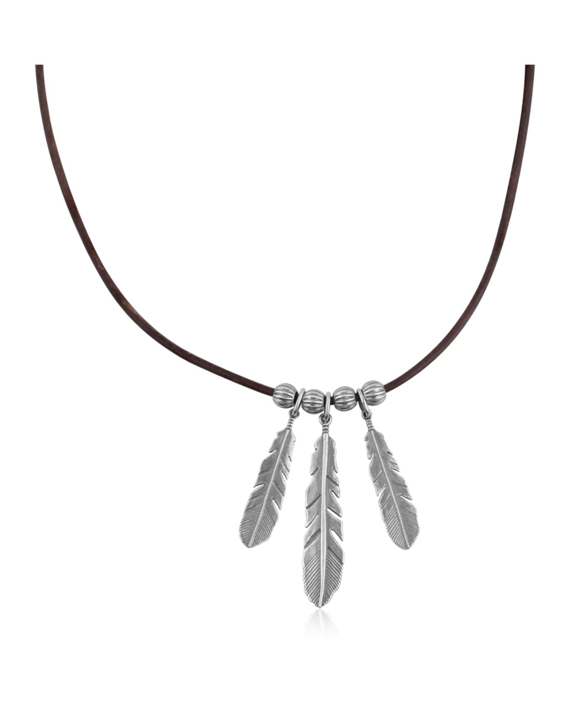 Sterling Silver Triple Feather and Leather Necklace, 17 Inches - Silver/brown leather