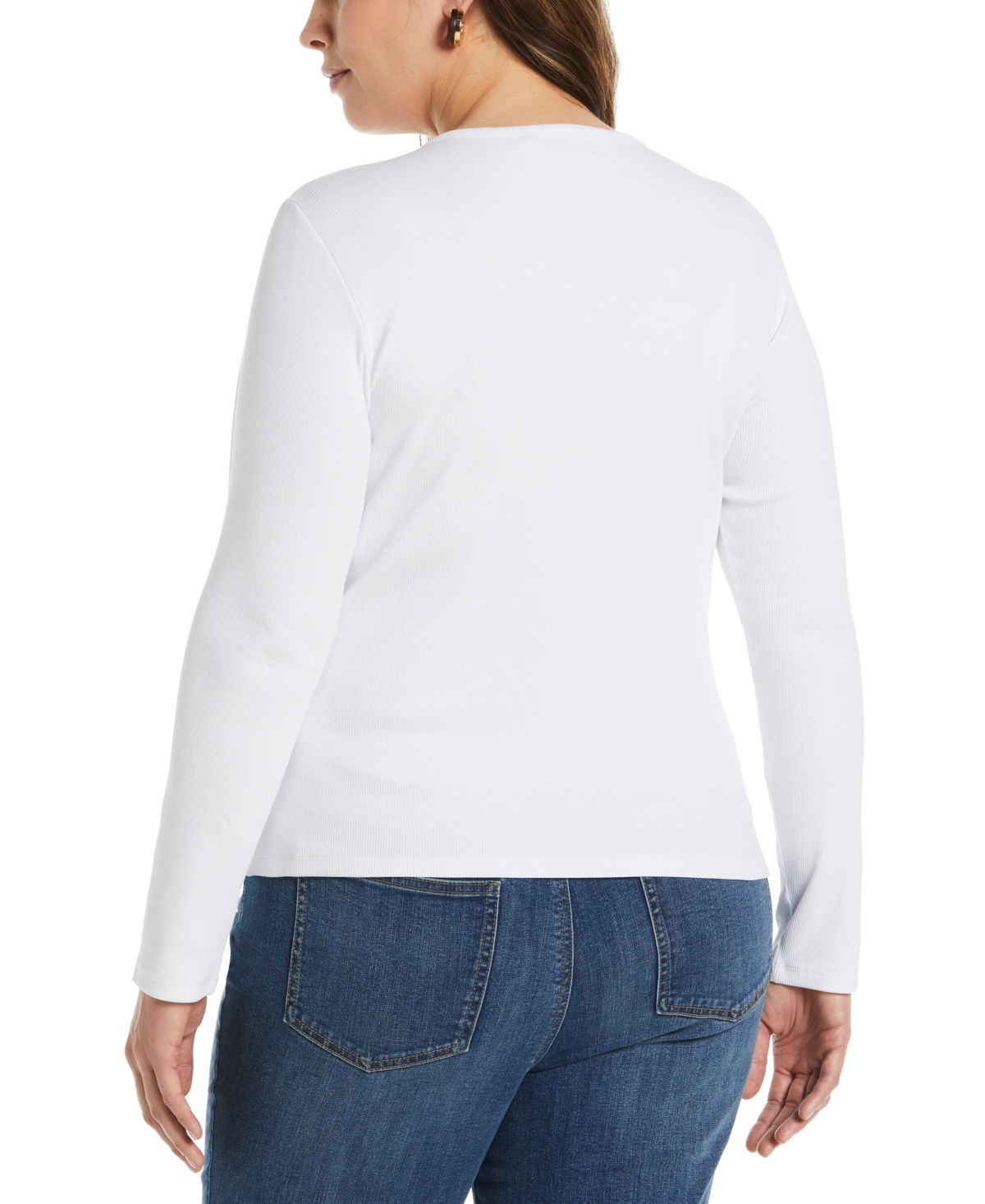 Shop Ella Rafaella Plus Size Ribbed Crew Neck Long Sleeve Top In White