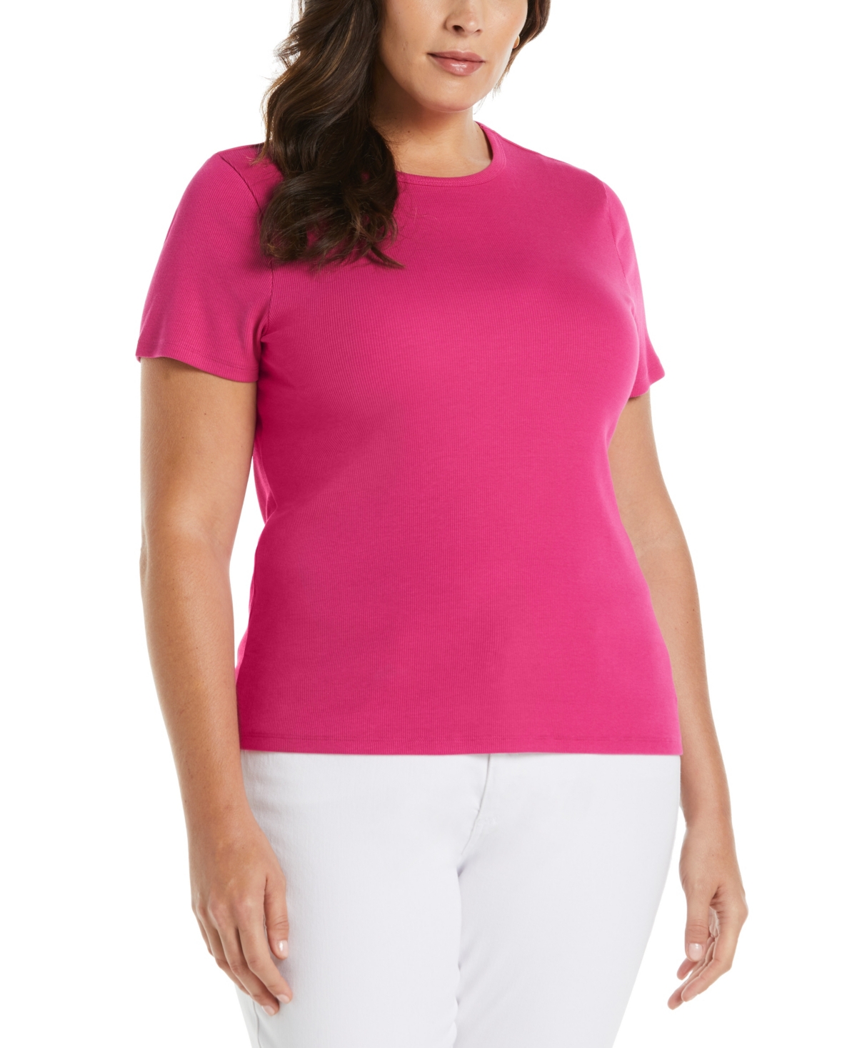 Plus Size Ribbed Crew Neck Short Sleeve Top - Cosmo Pink