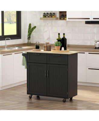 41" Modern Rolling Kitchen Island on Wheels, Utility Cart Storage Trolley with Rubberwood Top & Drawers, Black