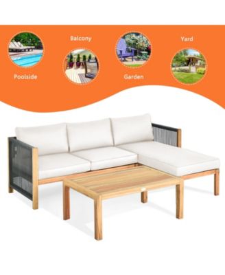 3 Pieces Patio Acacia Wood Sofa Conversation Sets with Nylon Rope Armrest