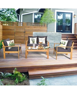 Outdoor 4 Pieces Acacia Wood Conversation Sets with Water Resistant Cushions