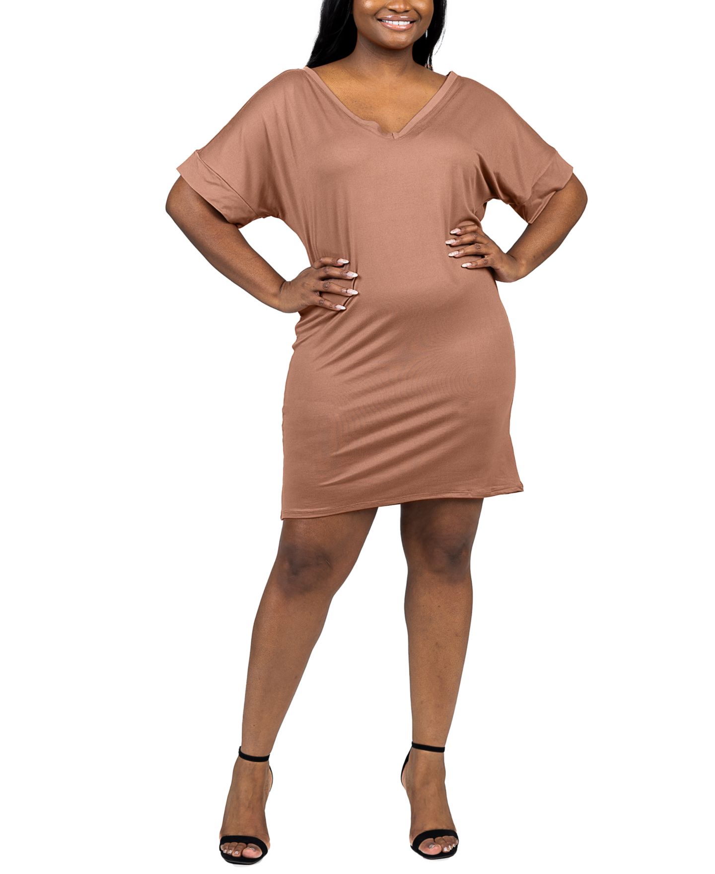 Женское платье 24seven Comfort Apparel Plus Size Loose Fit V-Neck T Shirt Dress, цвет: Мокко — фото 4