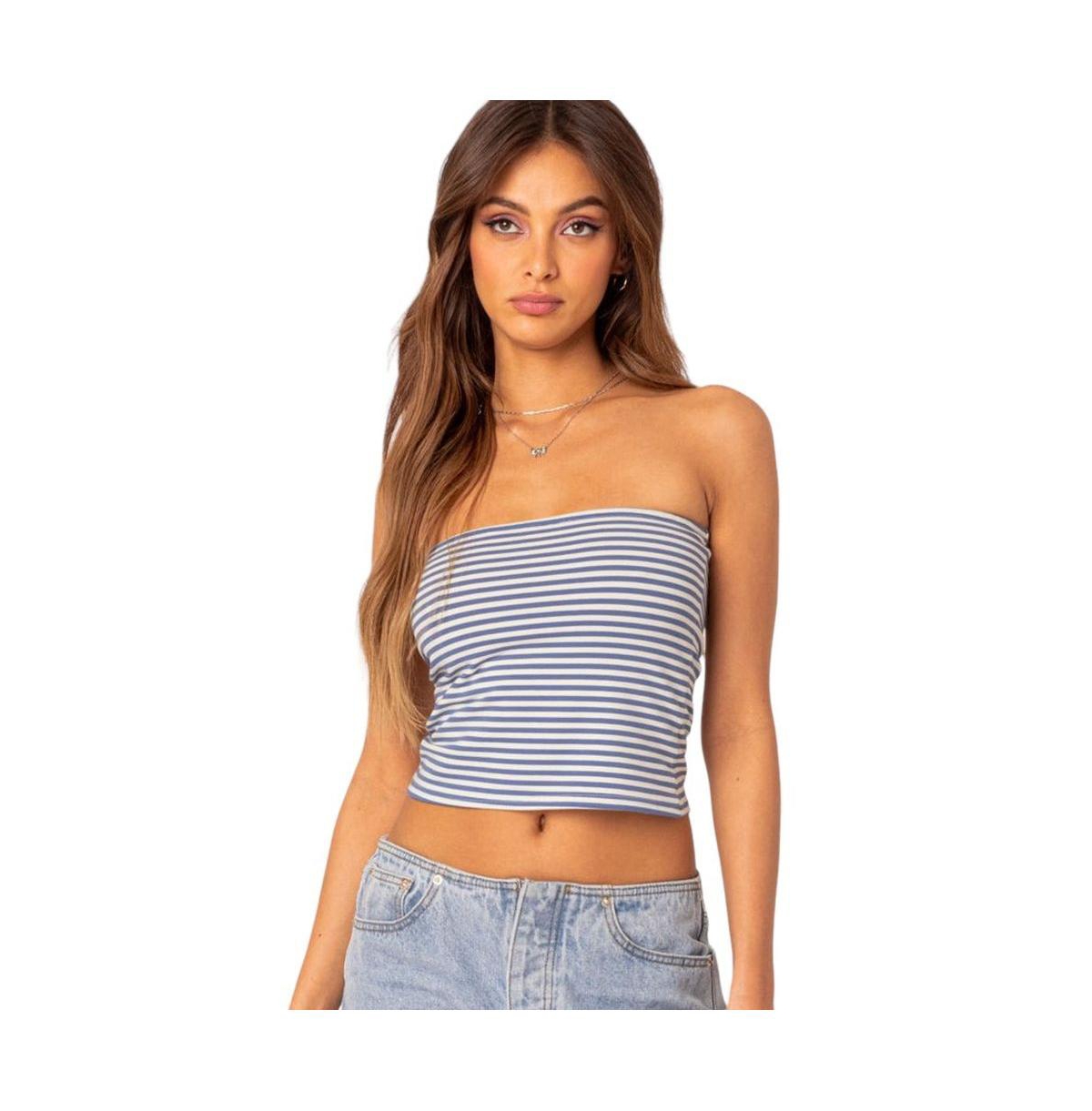 Edikted Women's Lilah Striped Tube Top - Blue-and-white