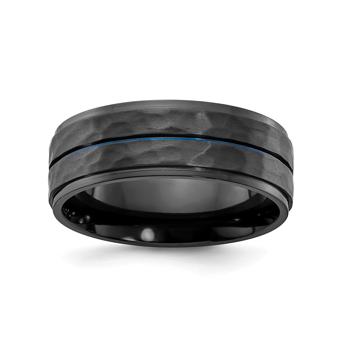 Black Zirconium Brushed and Hammered with Blue Band Ring - Blue