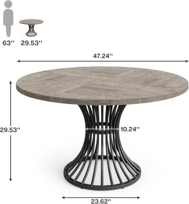 Dining Table, 47-Inch Round Wood and Metal, Seats 4–6 with Industrial Base, Space-Saving Design for Kitchen and Living Room