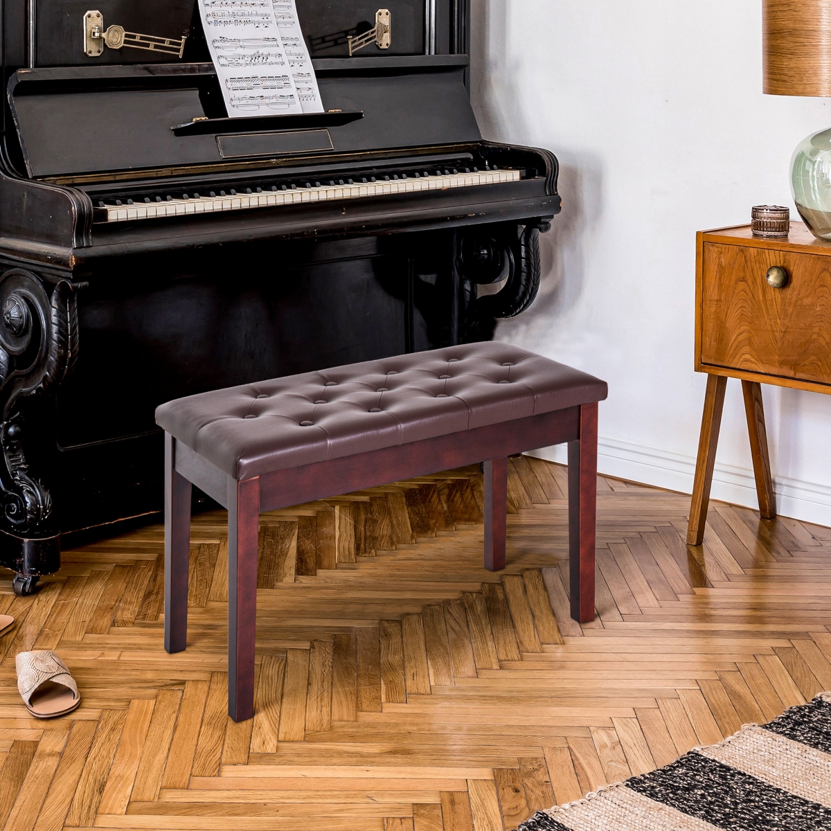 Homcom Piano Bench, Duet Piano Chair with Pu Leather Padded Cushion and Wooden Frame, Button Tufted Keyboard Bench,- Brown