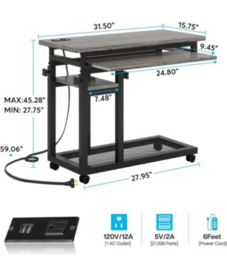 Small Portable Desk with Power Outlet, Height Adjustable Laptop Table with Wheels and USB Ports