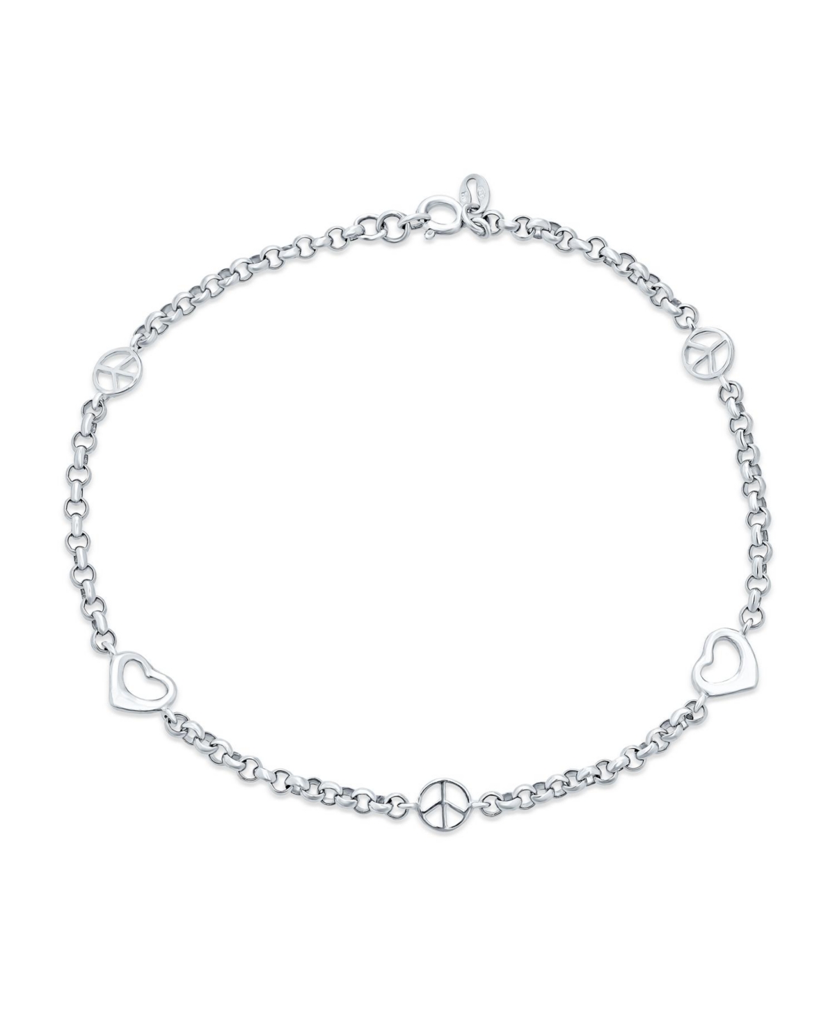 Peace Sign Love Open Interlocking Hearts Anklet Ankle Bracelet For Women .925 Sterling Silver Adjustable 9 To 10 Inch - Silver tone