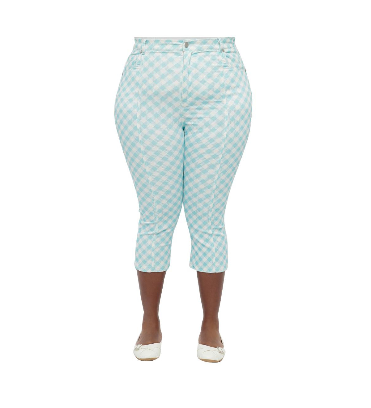 Plus Size Fitted Capri Pants - Blue gingham