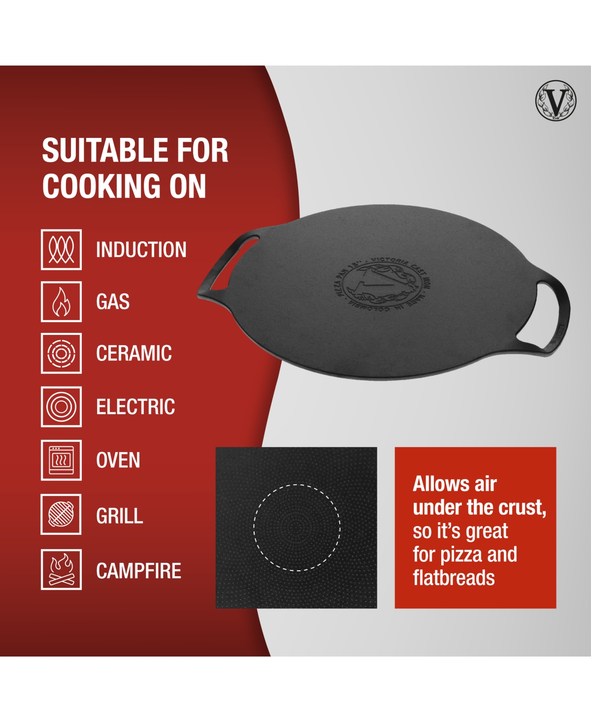 Victoria 15-inch Cast Iron Preseasoned Comal Pizza Pan With 2 Side Handles In Black