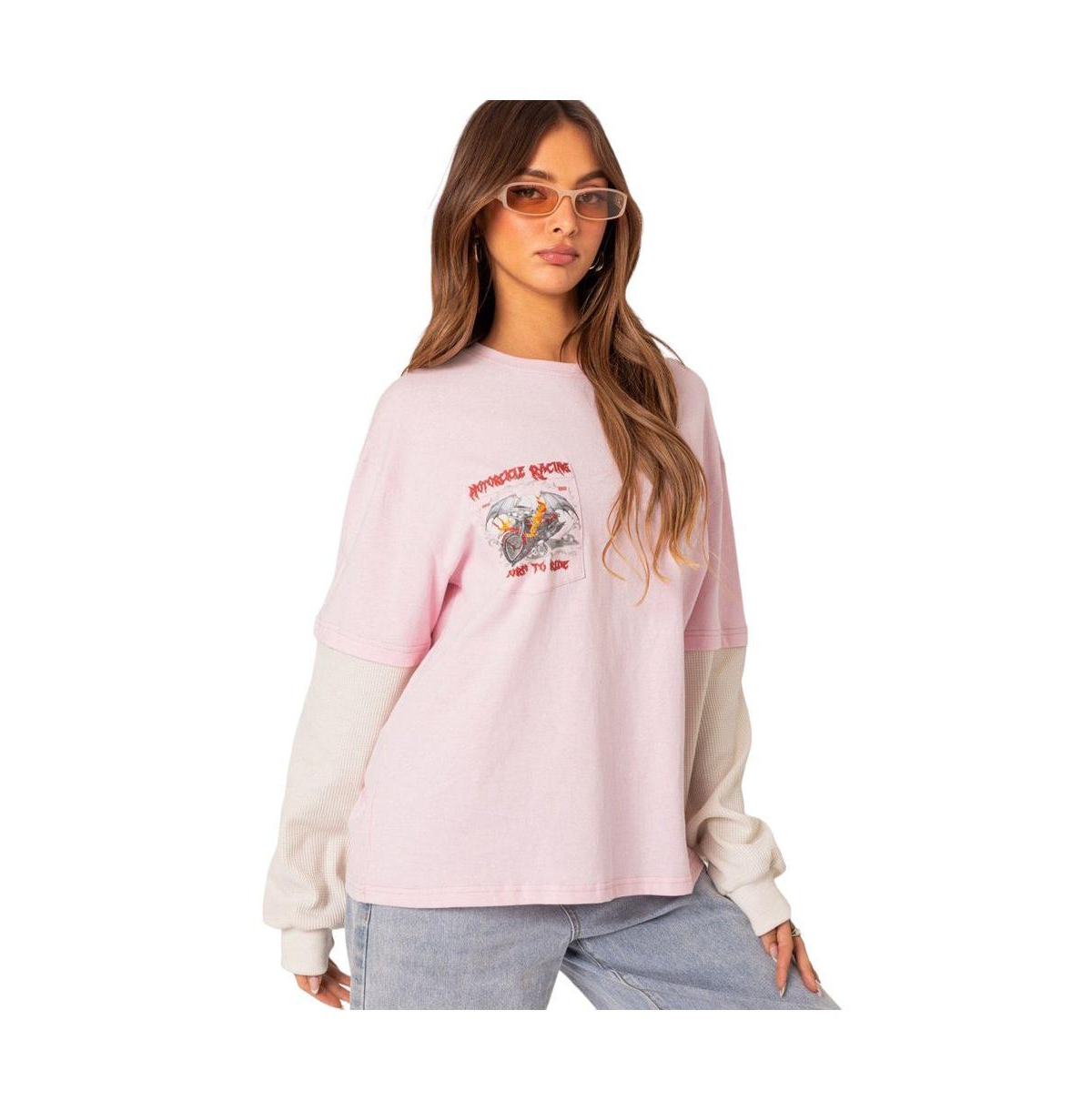 Edikted Women's Racing Over d Layered T Shirt - Light-pink