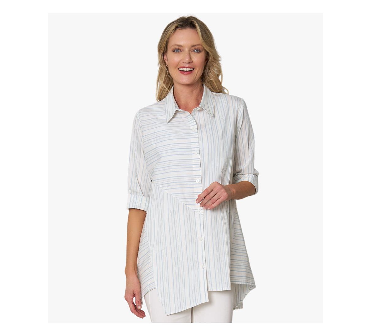 Women's Asymmetrical Yarn Dye Stripe Button-Front Crossroads Tunic - Chambray stripe