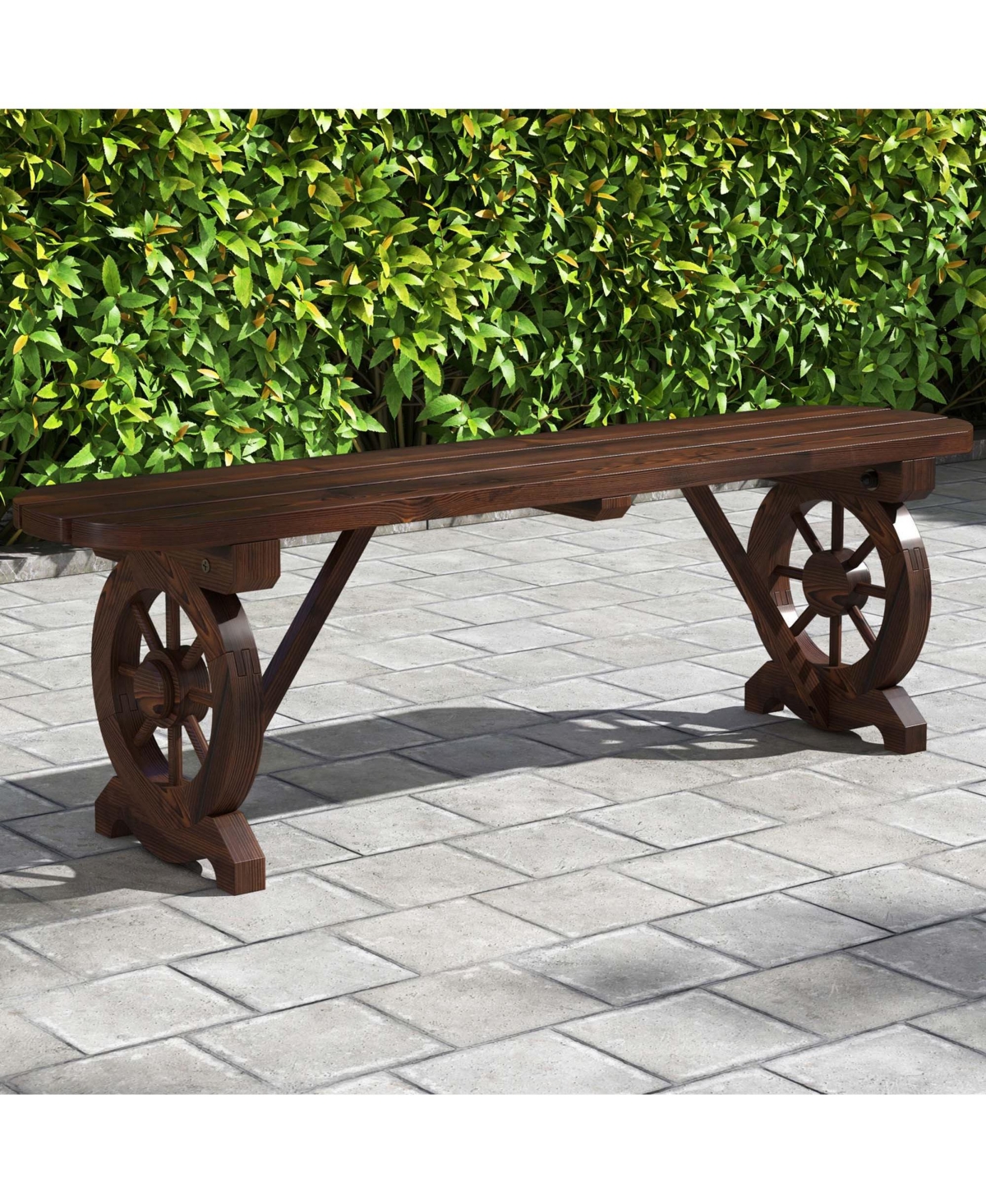 Patio Rustic Wood Bench with Wagon Wheel Base Slatted Seat Design