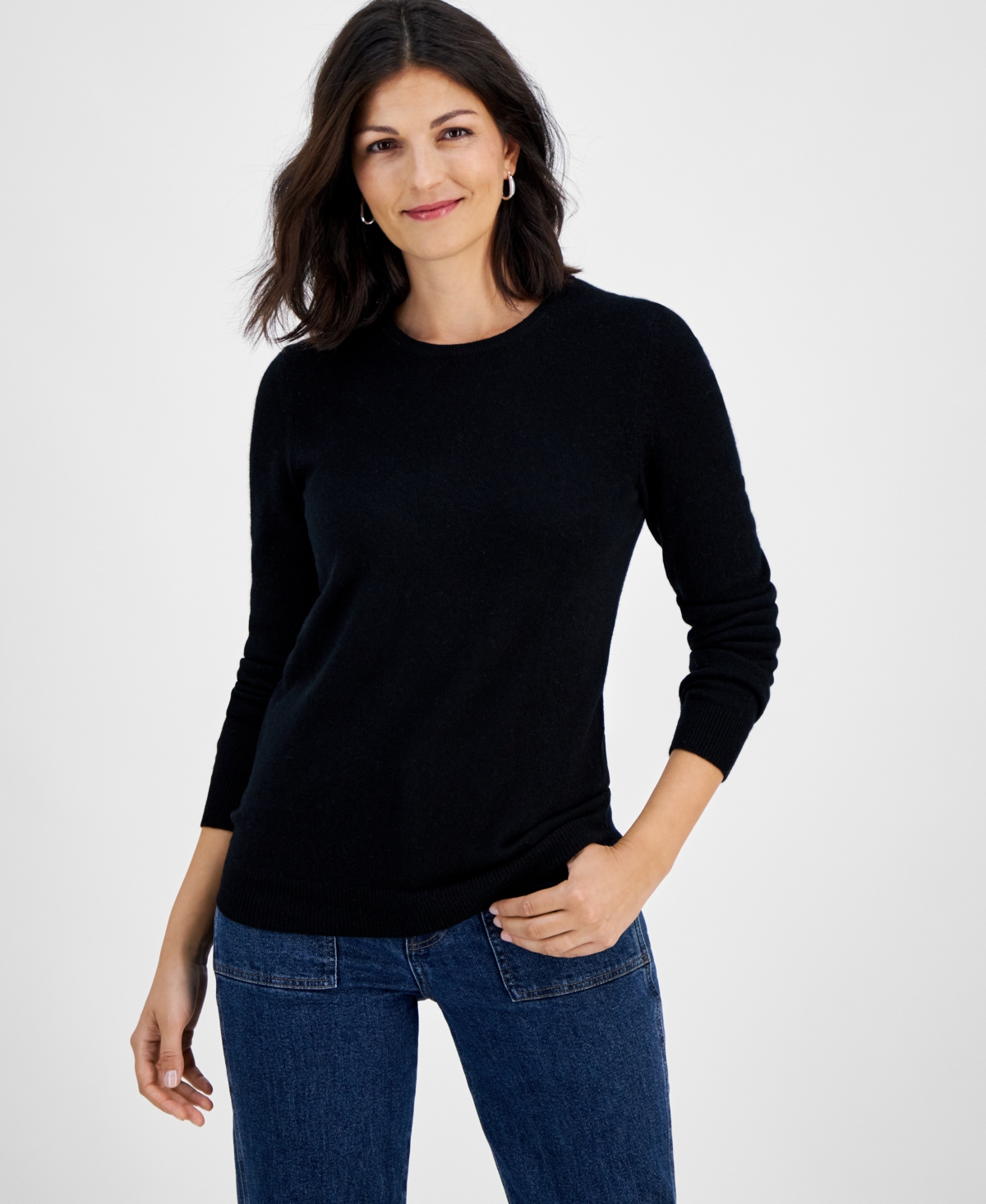 Charter Club 100% Cashmere Women's Petite Long-sleeve Crewneck Sweater, Created For Macy's In Classic Black