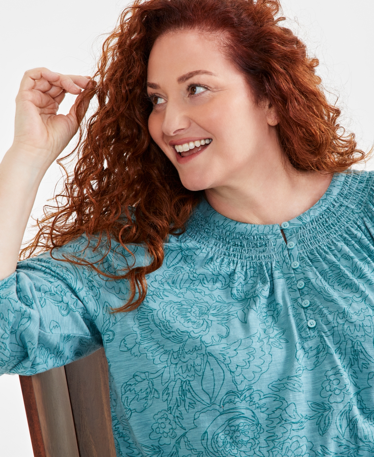 Style & Co Plus Size Floral-Print Smocked-Trim Top, Created for Macy's