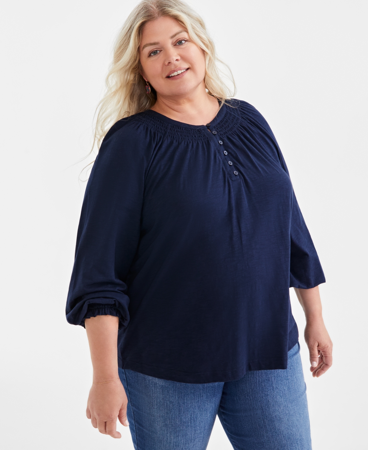 Style & Co Plus Size Smocked-Trim Top, Created for Macy's