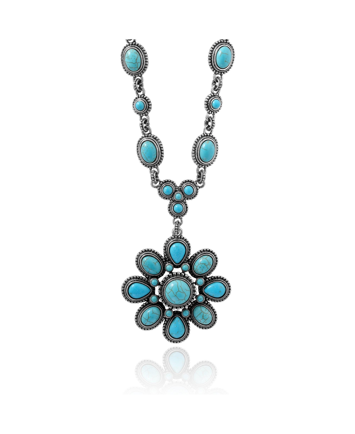 Women's Large Turquoise Stone Flower Necklace in Silver or Gold Tone - Gold