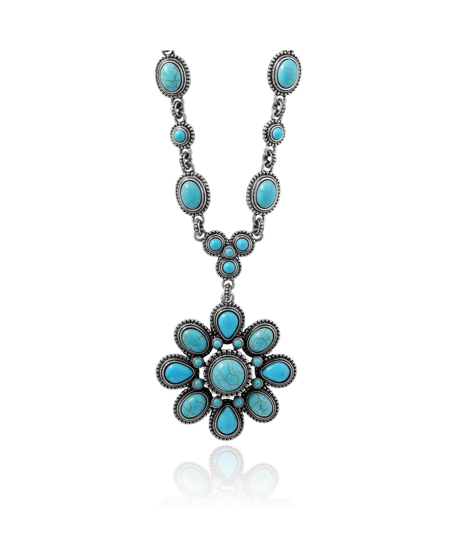 Women's Large Turquoise Stone Flower Necklace in Silver or Gold Tone