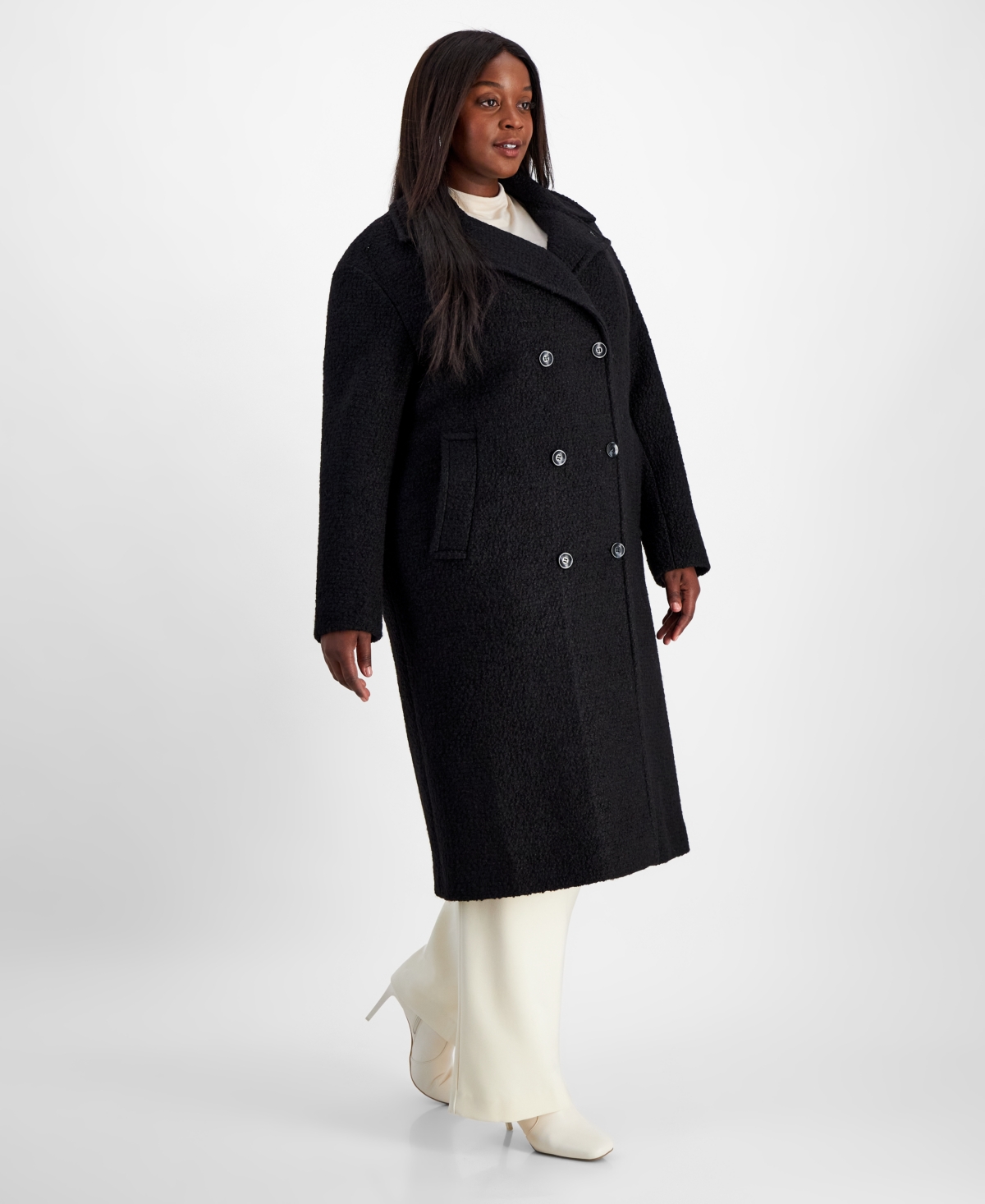 Karl Lagerfeld Paris Plus Size Double-Breasted Boucle Coat, Created for Macy's