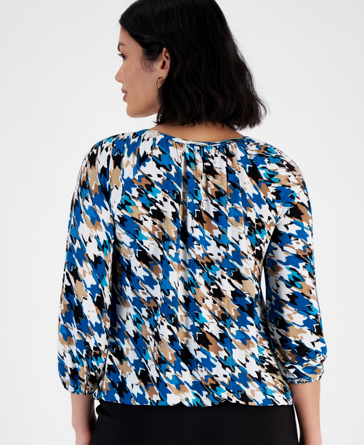 Ak Anne Klein Petite Printed Shirred Scoop-Neck Top