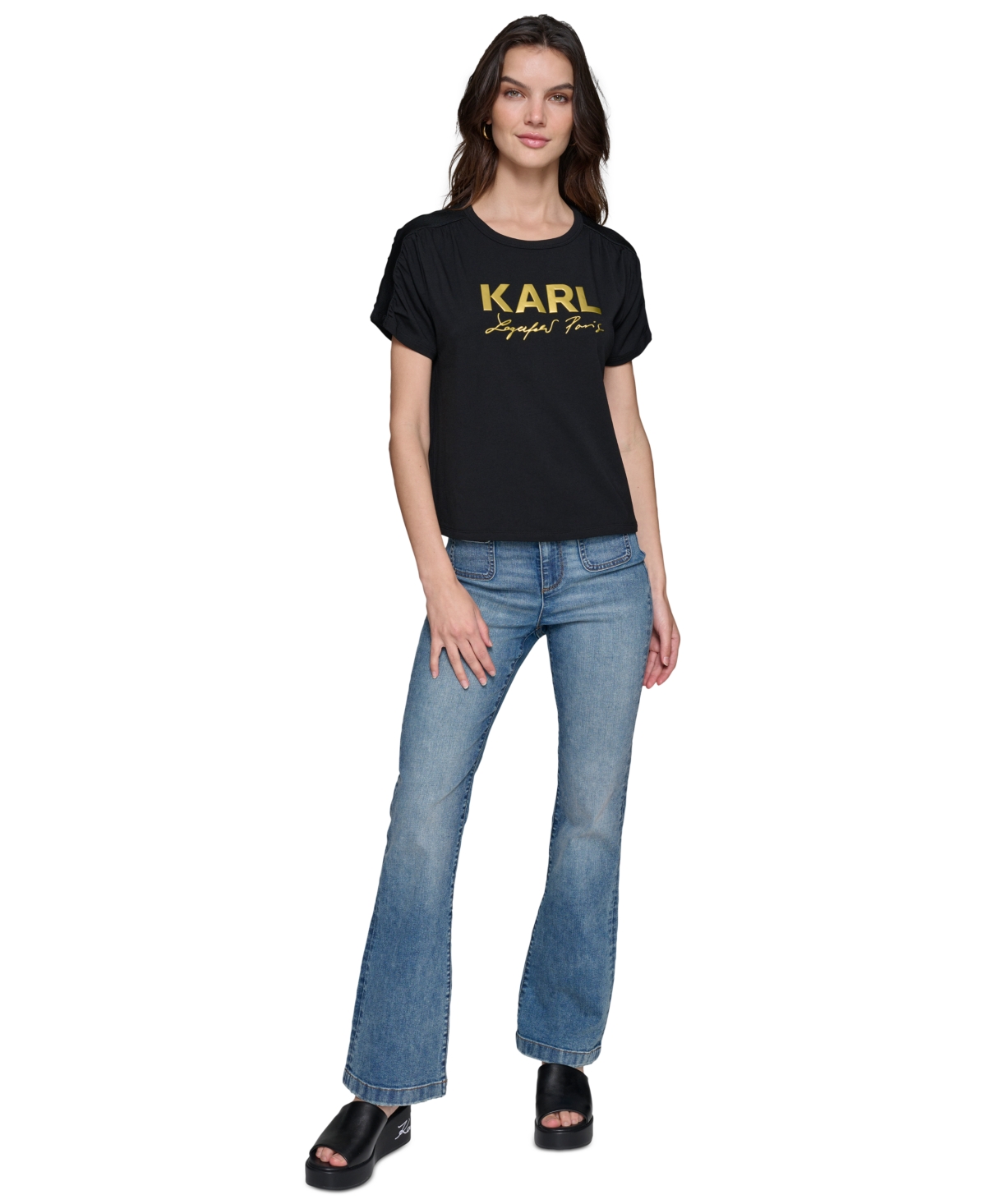 Karl Lagerfeld Paris Women's Metallic-Logo Ruched-Sleeve T-Shirt