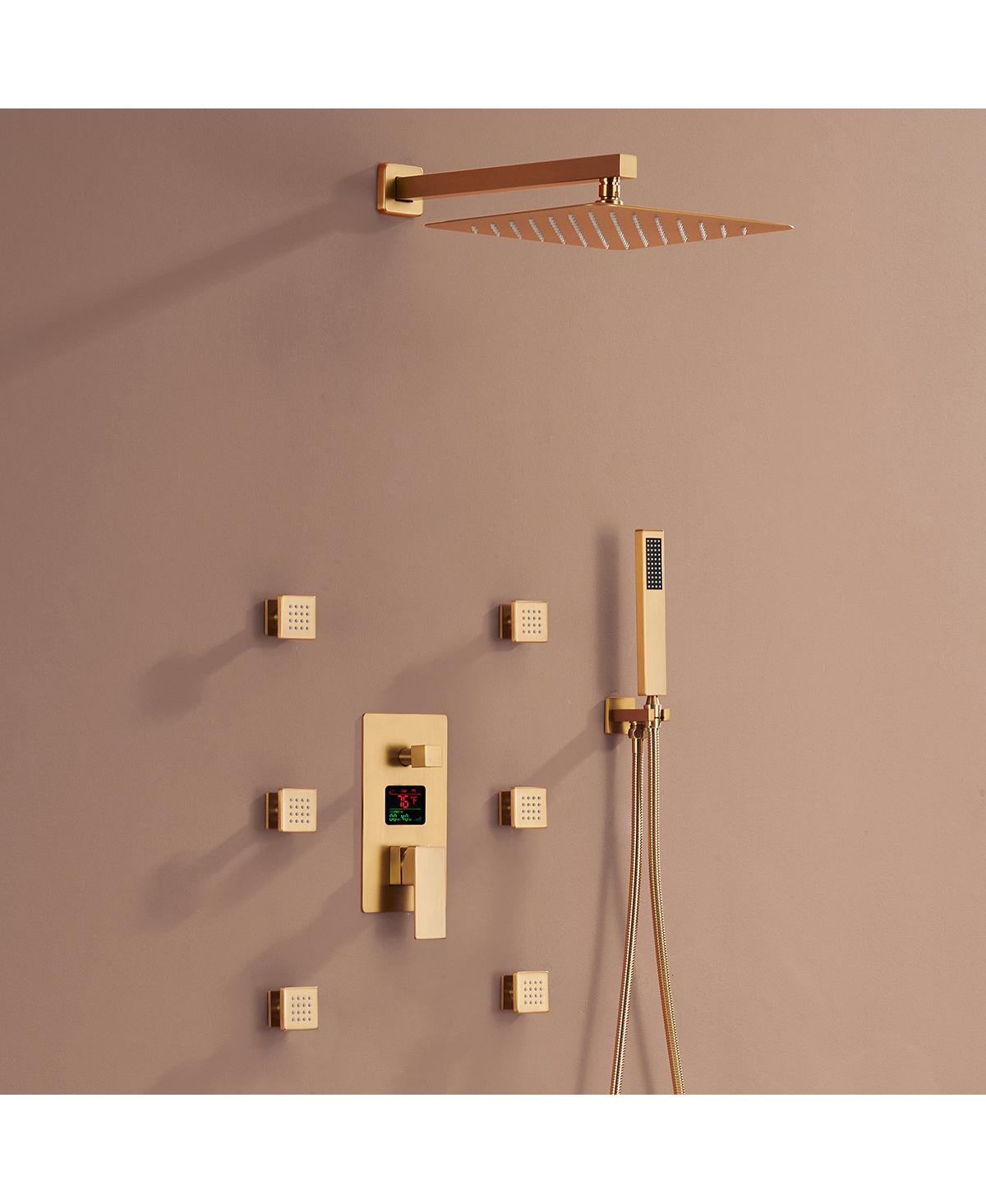 Mondawe Wall Mounted Thermostatic Complete Shower System Set with Handheld Spray & 6 Body Jets, Brushed Nickel