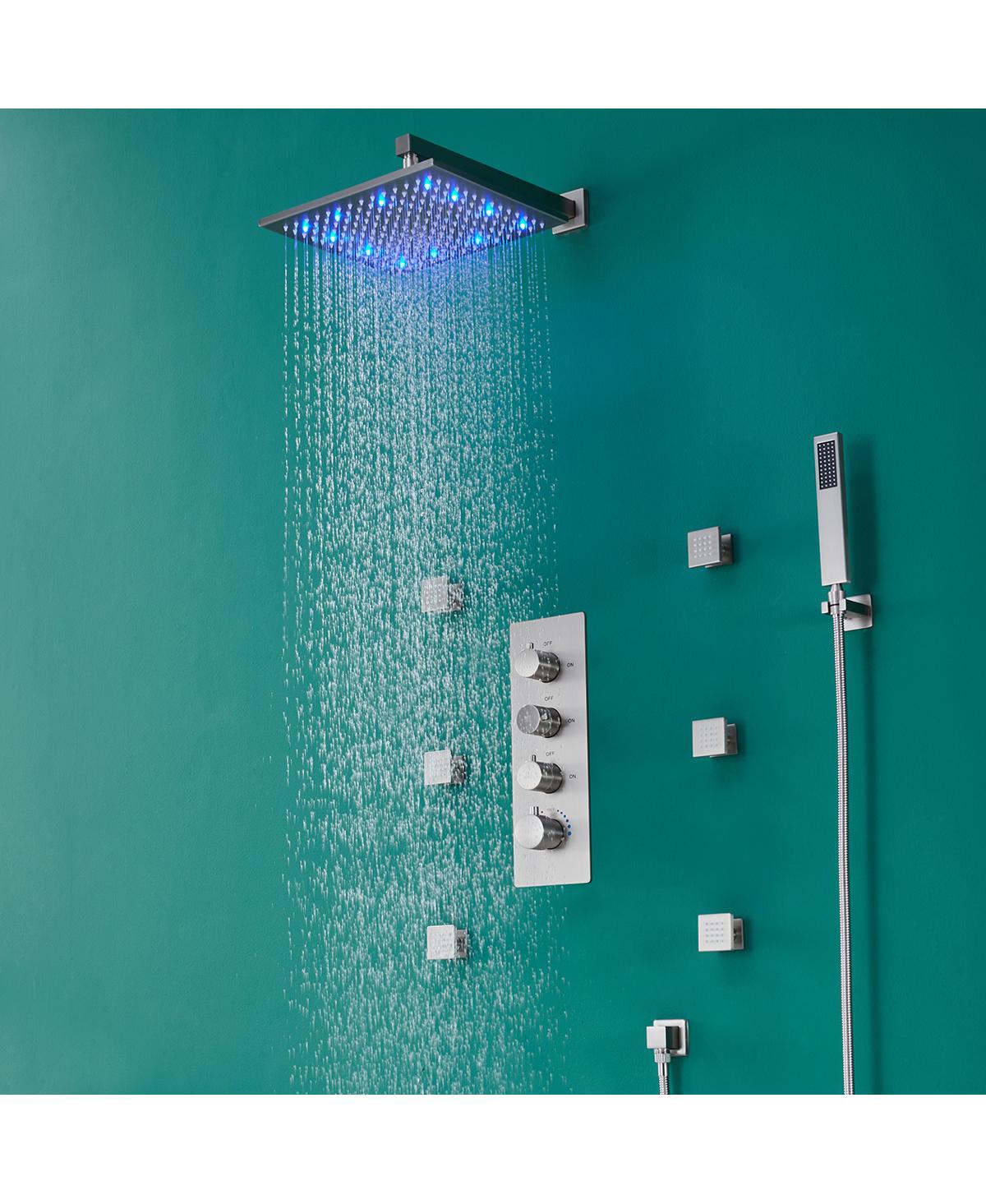 Mondawe Wall Mounted Thermostatic Led Shower System Set with Hanheld Spray & 6 Body Jets, Black